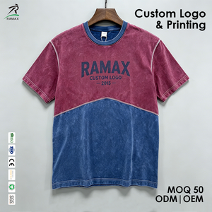 เสื้อยืดคัลเลอร์บล็อกวินเทจแบบสั่งทำสำหรับผู้ชาย, เสื้อยืดทรงบ็อกซี่ตัดต่อผ้าแบบแอซิดวอช, เสื้อแขนสั้นผ้าคอตตอนหนาสไตล์สตรีทแวร์แบบสั่งทำ - Product Image 1