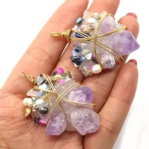 Natural Freshwater Pearl In Amethyst Pendant Charm Irregular Shape Wire Amethyst Cluster Pendant Real Pearl Charm Jewelry Making
