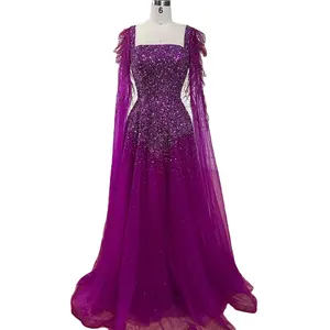 Purple A Line Cape Sleeves Luxury Beaded Feathers Evening Dresses Serene Hill LA71782 Arabic Wedding Party Gowns For Women