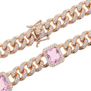 DUYIZHAO Wholesale Hip Hop Jewelry 12mm Iced Out Miami Cuban Link Chain Pink <strong>Necklace</strong> for Women Chunky Choker - Product Image 2