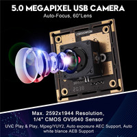 Caméras USB industrielles ELP OV5640 à mise au point automatique, HD 5MP, module de caméra USB2.0 avec objectif 60 degrés pour scanner de codes QR et de dispositifs médicaux