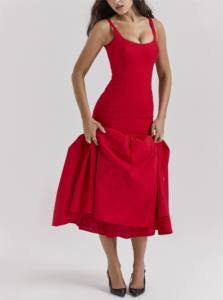 Femmes élégantes décontracté robes <span class=keywords><strong>de</strong></span> soirée formelles rouge Midi longueur col carré fée Sexy nuit Style chinois fête Top Sites - Product Image 2