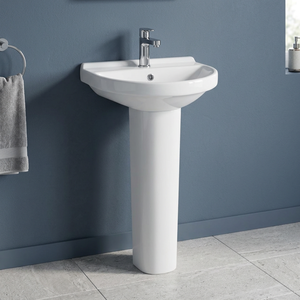 Lavabo sur pied carré en céramique blanc brillant de style européen, effet marbre, pour salle de bain de centre commercial ou villa, export Inde - Product Image 2