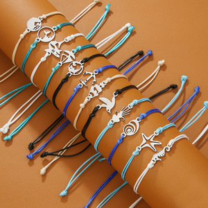 Stainless Steel Marine Charm Bracelet Set Waxed Thread <b>Braided</b> Jewelry Ocean Theme <b>Accessories</b> For Women Fashion Jewelry Sets - Product Image 3
