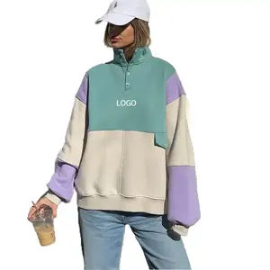 Two inside pockets sweatshirt 6 cm height mock neck sweatshirt women block colors 1/4 buttons sweatshirt