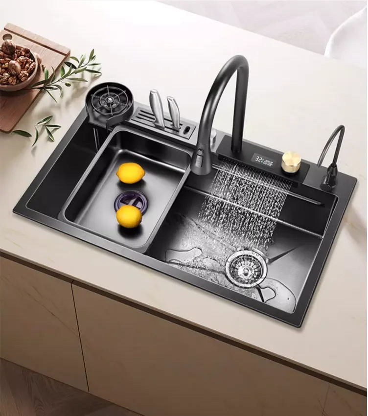 Многофункциональная кухонная раковина Feiyu, водопад, дизайн, черный нано-Золотой нано-белый цвет, полированный смеситель без пятен