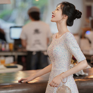 White Evening Gown Scoop Neck Natural Waist 3D Patterns Elegant For Coming Of Age Ceremony - Product Image 2