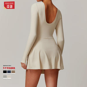 ดิสโก้ สปอร์ตชุดเทนนิสแขนยาวสำหรับผู้หญิง สีพื้น กระโปรงทรงเข้ารูป ดีไซน์เปิดหลัง พร้อมผ่าข้าง รุ่น ELT3061 - Product Image 1