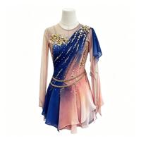Robe de patinage artistique à col rond dégradé bleu-rose, manches asymétriques, dos ouvert en maille, jupe ornée de strass pour adultes et enfants