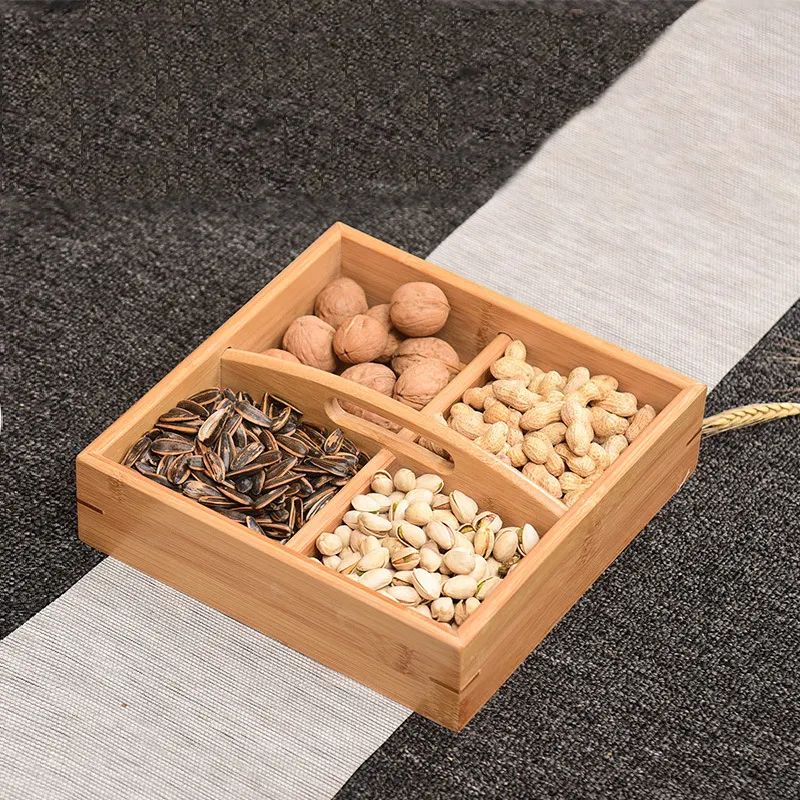 4 Grids Bamboo Wood Kitchen Storage Bin Divided Organizer Nut Candy Container Divided Snack Dried Fruit Tray