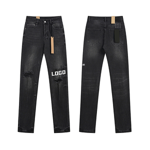 Jeans Y2K Grunge con Abertura en la Rodilla para Hombre, <span class=keywords><strong>Negros</strong></span>, Desgastados, Ajustados, con Agujeros, Pantalones Casuales de Mezclilla Delgada - Product Image 1
