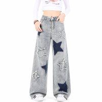 Jeans Anchos con Parche de Corazón 3D a la Moda Y2K para Mujer, Estilo Dulce y Moderno, Color Azul Claro