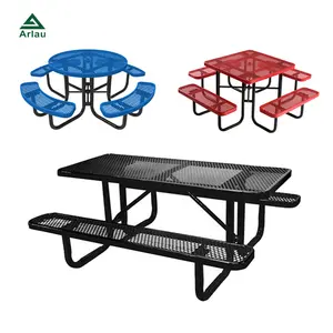 Mesa de Picnic comercial redonda de acero termoplástico para exteriores, banco para restaurante, muebles exteriores, mesa de comedor de Metal con paraguas