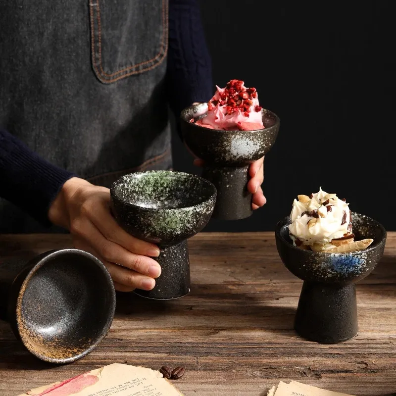 세라믹 아이스크림 컵 도자기 디저트 그릇 크리 에이 티브 높은 발 그릇 일본 간식 아이스크림 요구르트 컵 푸딩 그릇