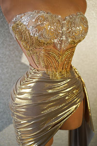 高級ストラップレスゴールドブリングミニスカート2ピースフェスティバル衣装セット誕生日パーティーディナードレス女性用イブニングドレス - Product Image 5