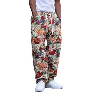 FOXA Men's Floral Embroidery Baggy Pants <b>Drawstring</b> Waist Casual Street <b>Trousers</b> With Pockets 100% Cotton Breathable - Product Image 1