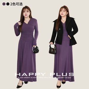 เดรสทรงวีคอจีบพลีทเข้ารูป ไซส์พลัส สีม่วงเปอร์เซีย แขนยาว สำหรับผู้หญิง - Product Image 4