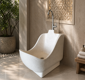 Lavabo de Pedestal Ovalado de Resina Terrazzo para Wudu Musulmán - Diseño Moderno, Ecológico, Fácil de Limpiar, Lavabo de Baño de un Solo Orificio - Product Image 1