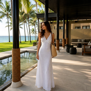 Premium Cotton Linen Asymmetrical Neckline Deep V Maxi Dress Women | Elegant Sleeveless A-Line Beach Dress Ruched <b>Decoration</b> | - Product Image 1