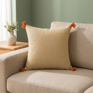 Housse de coussin décorative en lin de qualité supérieure avec détail de pompon aux coins |   Coussin décoratif texturé naturel pour canapé, chambre à coucher - Product Image 4
