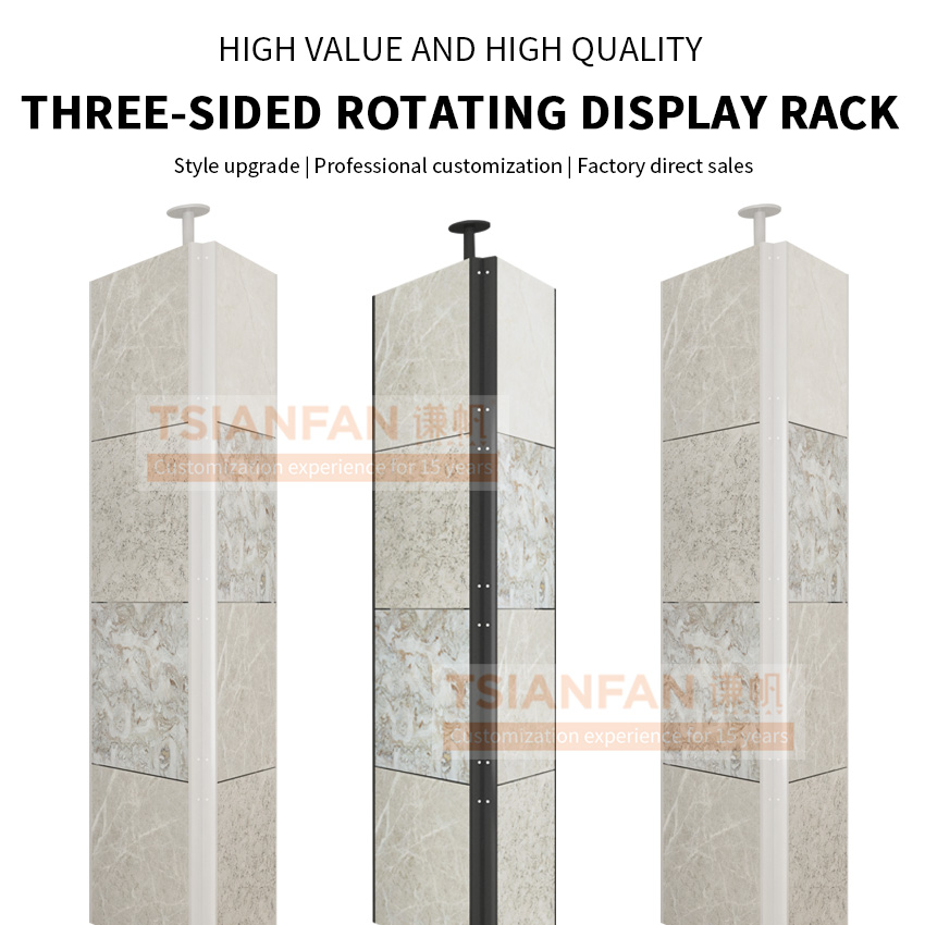 Tsianfan Exhibition For Custom Three Sided Ceramic Quartz Rack Marble Tiles Triangular Case Showing Rotating Stone Display Stand