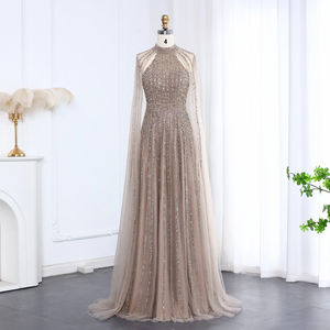 Vestidos de Noche Elegantes Jancember LSZ085 con Escote Halter y Manga Capa, Color Champán, para Graduación - Product Image 1