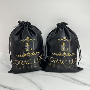 Bolsas de Satén Negras Personalizadas con Cordón y Estampado en Dorado - Empaque de Marca de Lujo para Joyería y Cosméticos - Product Image 1