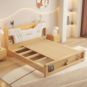Modern Minimalist Solid Wood <b>Bed</b> 1.8M Double Storage Master Bedroom <b>Bed</b> 1.5M <b>Single</b> Multi Functional <b>With</b> Creamy Style - Product Image 2
