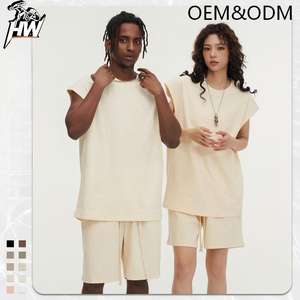 T-shirt sans manches col rond unisexe en pur coton 270g, style streetwear américain, traitement anti-plis, motif uni - Product Image 3