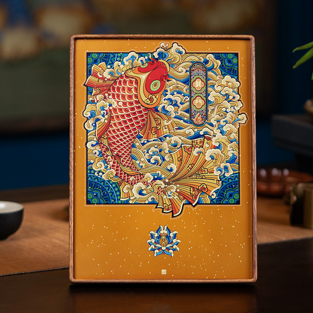 Yuyue Longmen New Chinese Koi Brass & Wood Rectangle Decorations Auspicious Living Room Photo Frame Table Gift Ornaments Desktop