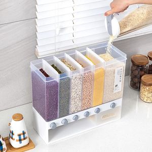 Organisateur de rangement de cuisine rectangulaire en plastique, conteneur pour céréales et aliments secs, boîte de rangement murale pour céréales, distributeur de riz, 6 compartiments - Product Image 3