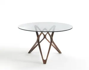 Meja Makan dasar Rainbowround kaca dengan kayu abu dengan 4 kursi nilon perabot rumah Modern kayu Solid bulat meja makan