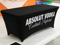 Housse de table extensible en polyester imperméable avec logo imprimé par sublimation, équipement personnalisé pour salon professionnel