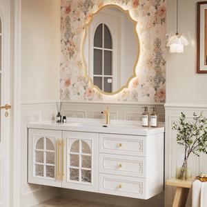 High end customized French retro ceramic basin solid wood intelligent <b>mirror</b> cabinet wall mounted bathroom cabinet - Product Image 4