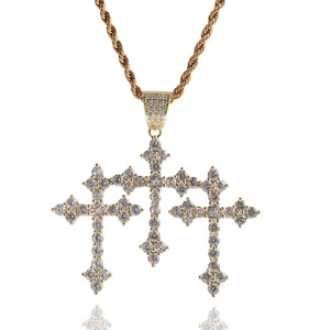 Collier simple en cuivre incrusté, style hip-hop euro-américain, avec pendentif croix en zirconiums à rangée unique et chaîne en corde - Product Image 1