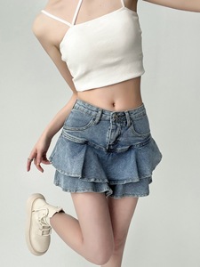 2026 High Waist A-<b>line</b> Slim Cute Sexy Mini <b>Jean</b> Pleated 2 Layers Skirt Women Denim Short Skirt With Safety Pants - Product Image 3