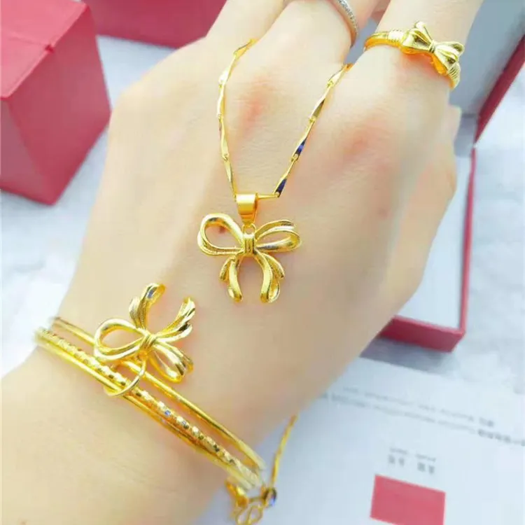 Gold Jewelry Brass Gold Platedbutterfly Pendant Jewelry Set Ladies Coil Bracelet Ring Setwholesale