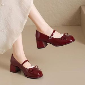 Elegantes Zapatos de Tacón Cuadrado de 3CM Estilo Coreano, Tipo Mary Jane, Color Rojo, con Lazo, para Boda, Nueva Colección Primavera 2026 - Product Image 3