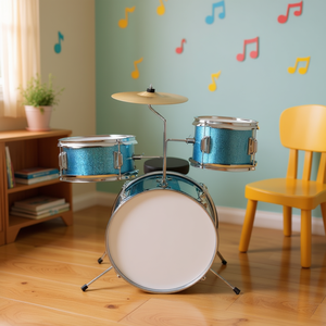 Batería Infantil Azul Cielo de 3 Piezas con Pedal, Taburete y Baquetas, Instrumento de Percusión con Parches de PVC de 14 x 10 - Product Image 2
