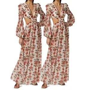2022 Summer Vestidos Causal V Neck Long Sleeve Ruched Hollow Out Slit Printed Holiday Maxi Boho Beach Floral Dress For Women