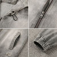 Veste à capuche en denim gris délavé 100% coton, coupe oversize pour l'hiver, avec fermeture éclair intégrale et ourlet à cordon pour le streetwear