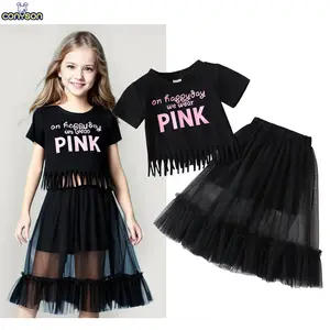 Conyson 2024 Two-Piece Girl's Summer Sets Letter Black Pink Tassel T-shirts&Princess Skirts Toddler Kids Clothing Girl Outfit