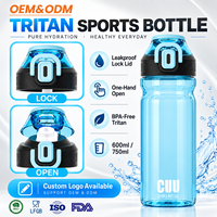 Bouteille d'eau de sport en Tritan avec logo personnalisé, 600 ml, 750 ml, couvercle à fermeture hermétique, sans BPA, transparente, bouteille de sport