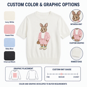 Maglione Bianco a Costine a <span class=keywords><strong>Maniche</strong></span> Corte da Donna Personalizzato <span class=keywords><strong>con</strong></span> Applicazione Coniglio all'Uncinetto Fatta a Mano, Top in Cotone - Product Image 4