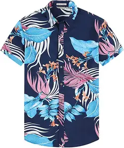 Stocklot flamingo leaves printing chinese men hawaii cotton shirt clothing for men