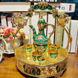 Manufacturer's <b>basket</b> set with plum blossoms, grapes, and roses for hotel and home use gold Metal wine flask and glasses - Product Image 6