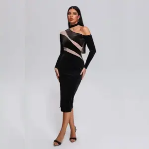 Ocstrade – robe de soirée élégante pour femmes, col licou, asymétrique, manches longues, maille épissée, Sexy, fente haute