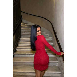 Robe de bal rouge coupe trapèze, mini-robe scintillante à col en V, pour soirée formelle, avec décoration en strass, XS-XL, sans bretelles, en polyester, pour les vacances, naturelle - Product Image 1