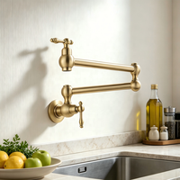 Robinet de cuisine professionnel mural, double articulation, pliable, en laiton, plaqué or, pour eau froide, avec remplisseur de casseroles