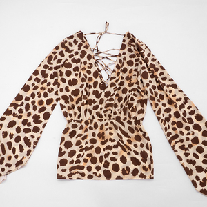 Viviblook C26DS177 Nuevo vestido mini de fiesta informal de verano para mujer con estampado de leopardo y cuello en V con cordones y mangas anchas - Product Image 6